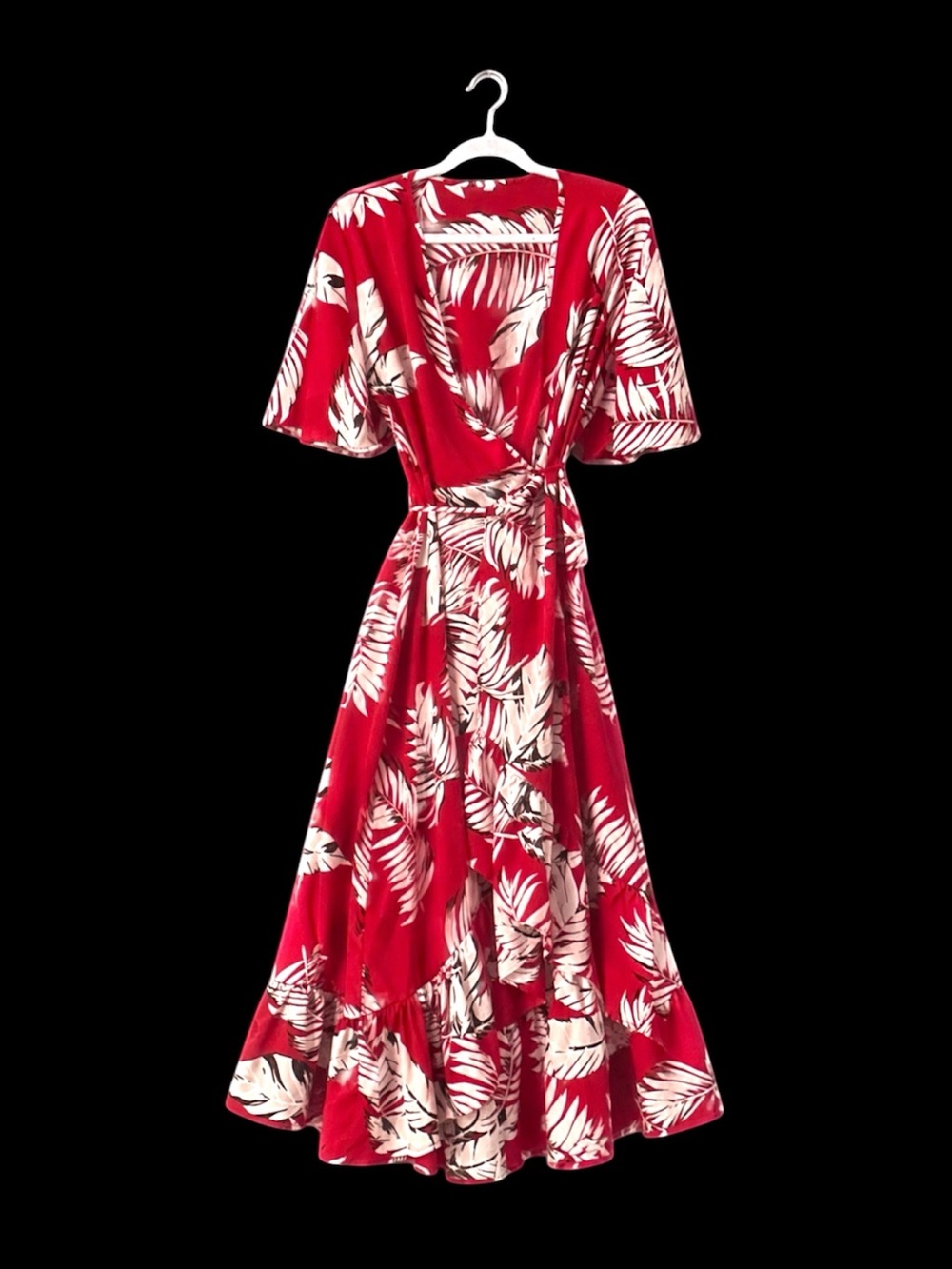 Red Tropical Palm Leaf Print Flutter Sleeve Wrap Midi Dress